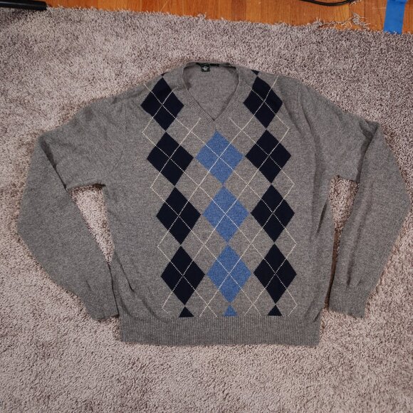 J. Crew Pullover Lambs Wool Argyle Sweater Mens Size XL Gray Blue Preppy - Picture 1 of 12
